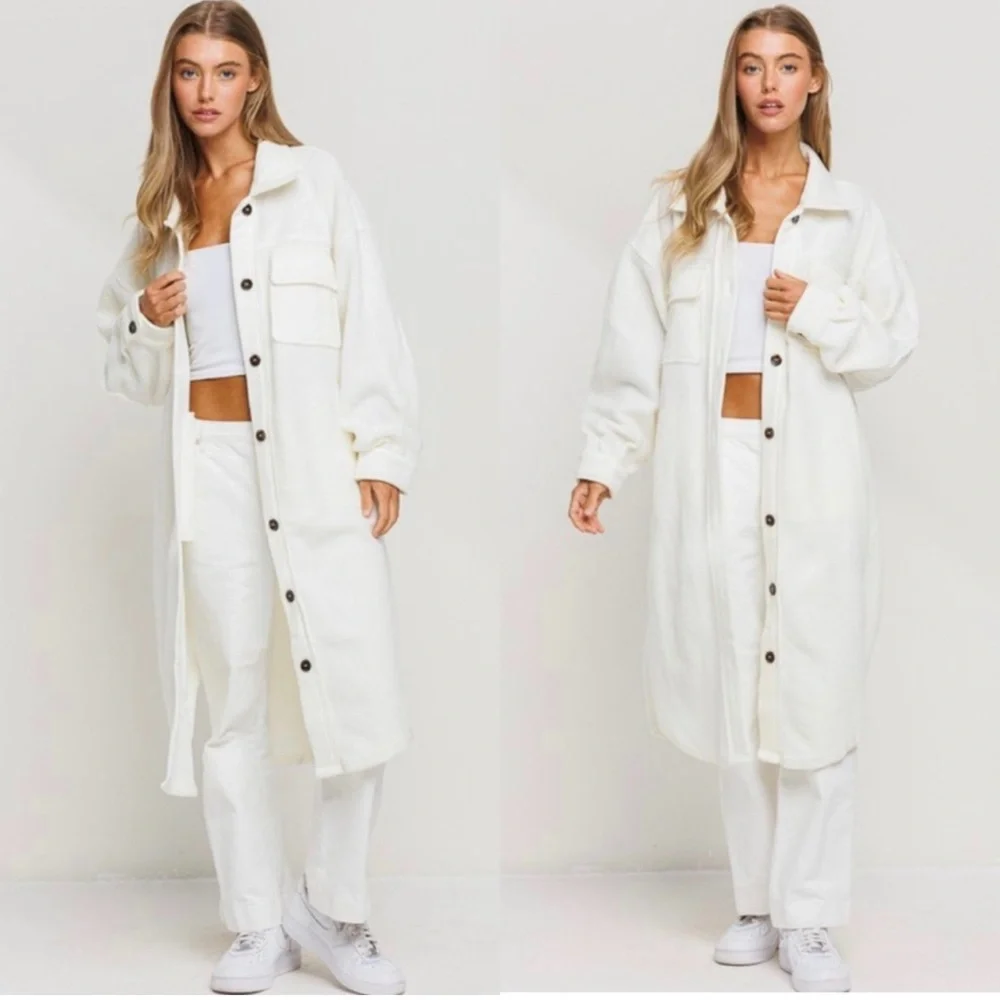 Off white long fleece oversized coat with button down - Picture 1 of 6